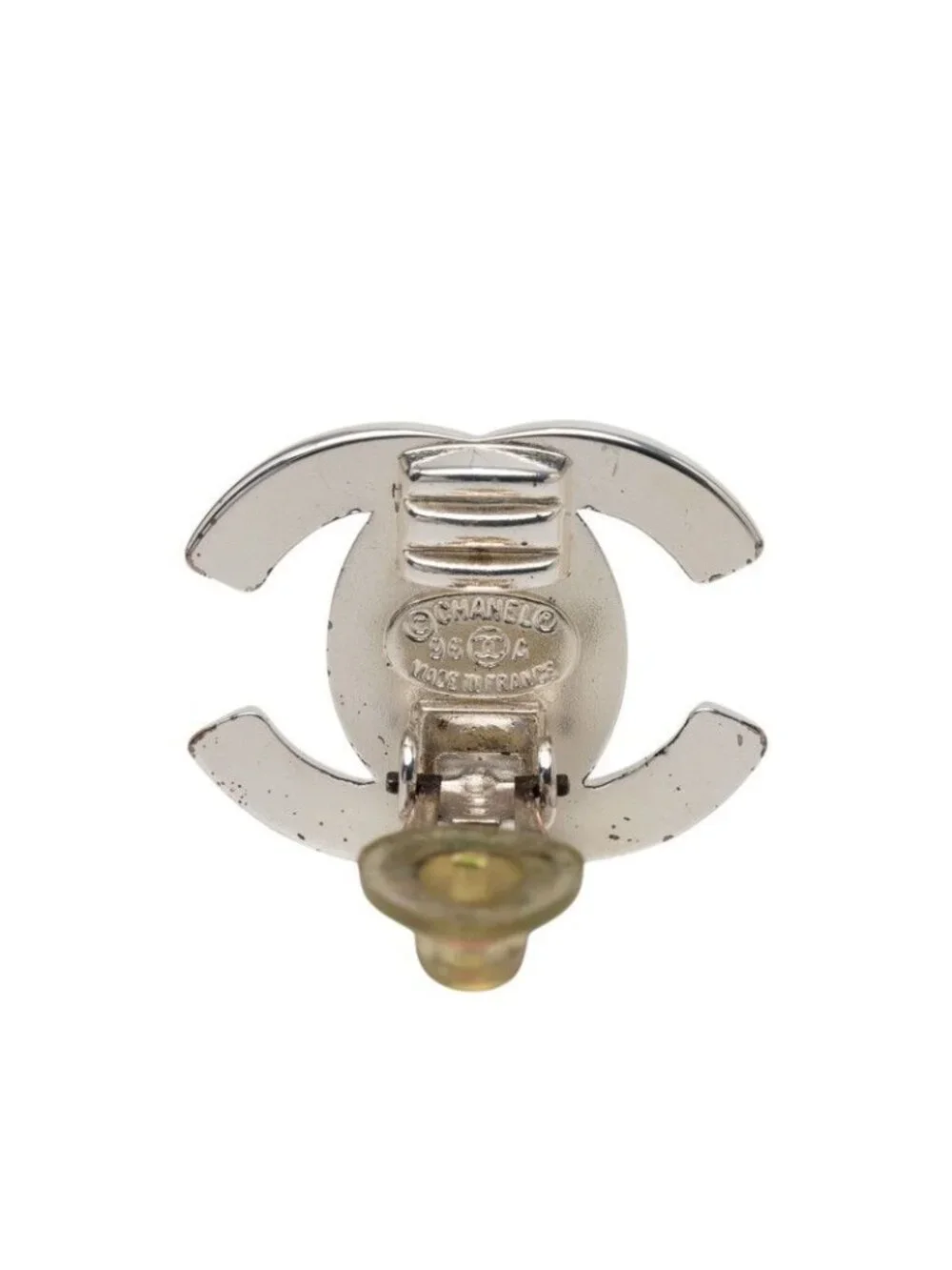Chanel CC Logo Turnlock Vintage Earrings Silver Metal